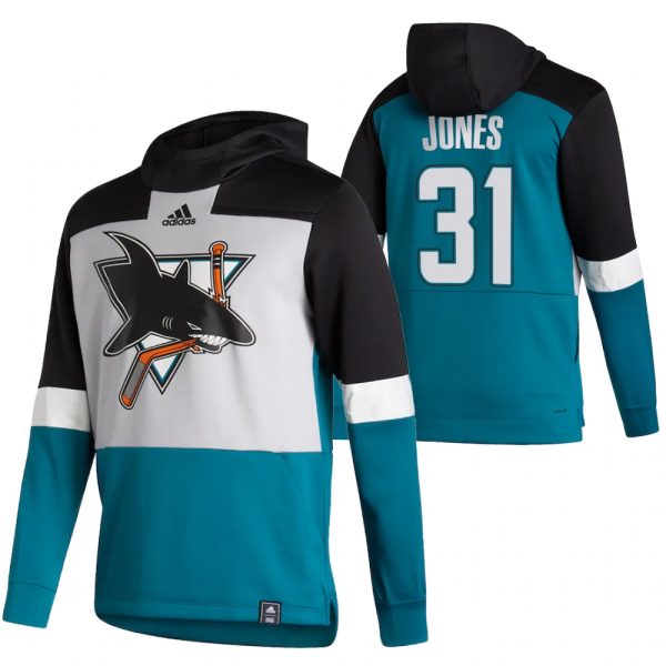 Exceptional San Jose Sharks #31 Martin Jones Adidas Reverse Retro Pullover Hoodie Gray Teal