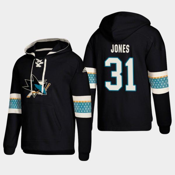 Magnificent San Jose Sharks #31 Martin Jones Black adidas Lace Up Pullover Hoodie