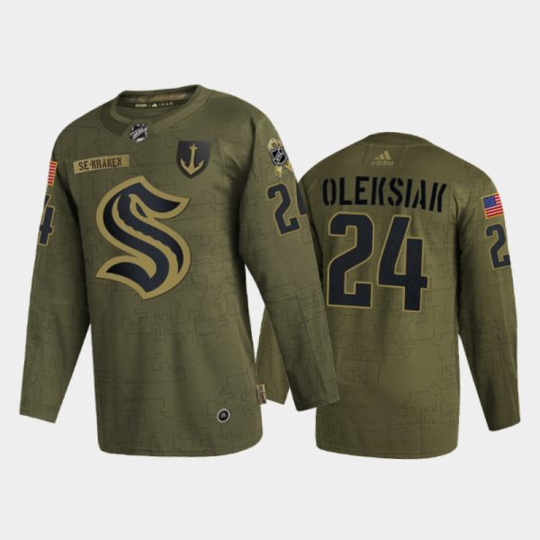 Splendid Seattle Kraken #24 Jamie Oleksiak Men's Adidas Veterans Day 2022 Military Appreciation NHL Jersey Olive