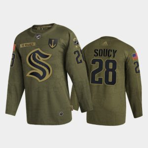 Exquisite Seattle Kraken #28 Carson Soucy Men's Adidas Veterans Day 2022 Military Appreciation NHL Jersey   Olive