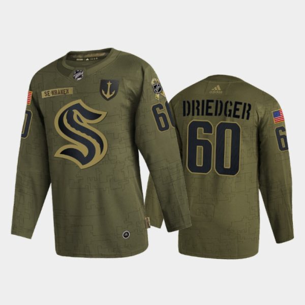Stunning Seattle Kraken #60 Chris Driedger Men's Adidas Veterans Day 2022 Military Appreciation NHL Jersey Olive