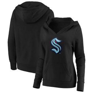 Magnificent Seattle Kraken Women's Primary Logo V Neck Pullover Hoodie Black