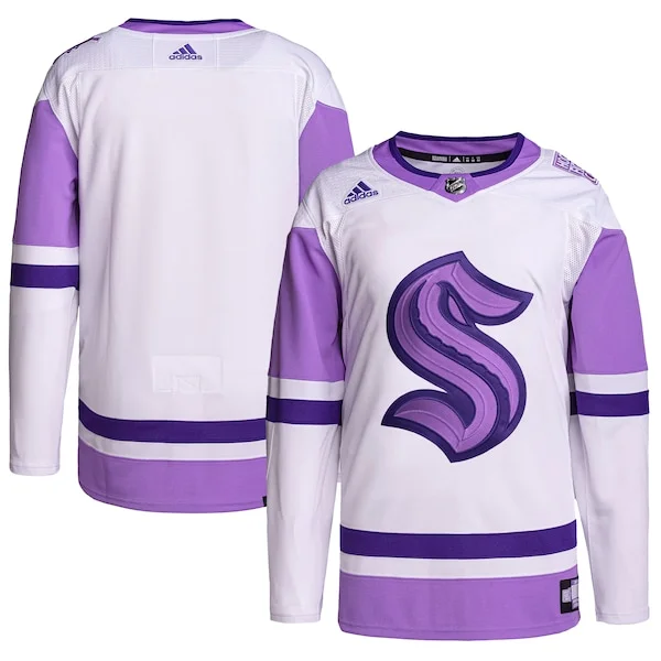 Exceptional Seattle Kraken adidas Hockey Fights Cancer Primegreen Authentic Blank Practice Jersey White/Purple
