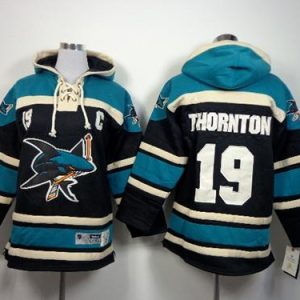 Stunning Sharks #19 Joe Thornton Black Sawyer Hooded Sweatshirt Stitched Youth NHL Jersey