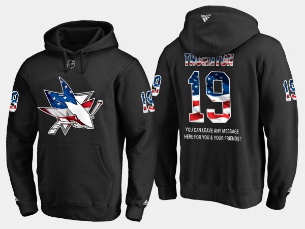 Outstanding Sharks #19 Joe Thornton NHL Banner Wave Usa Flag Black Hoodie