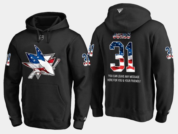 Exquisite Sharks #31 Martin Jones NHL Banner Wave Usa Flag Black Hoodie