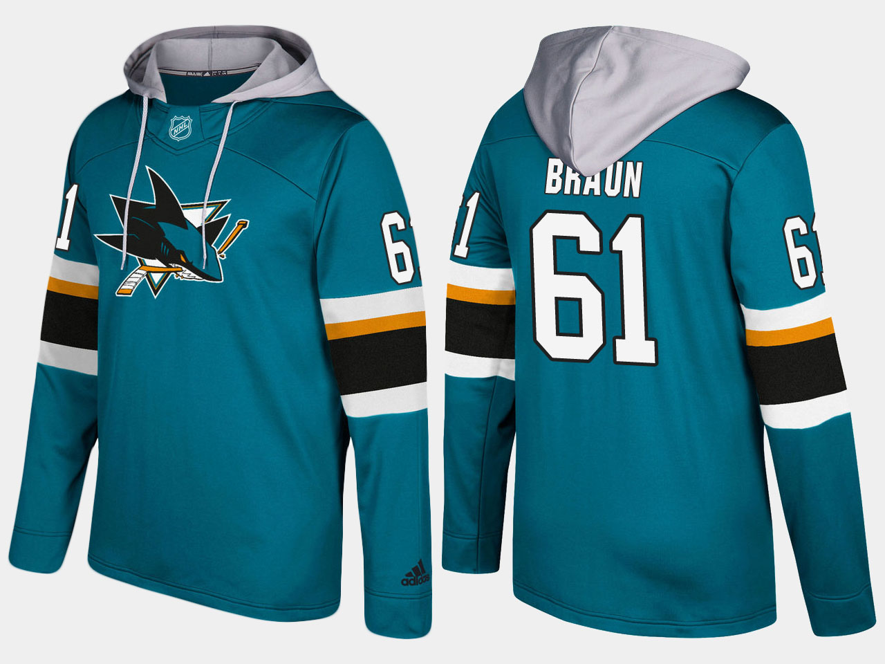 Exquisite Sharks #61 Justin Braun Teal Name And Number Hoodie